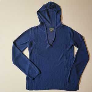 Eddie Bauer Women's Blue Knit V-neck Hooded Long Sleeve Sweater